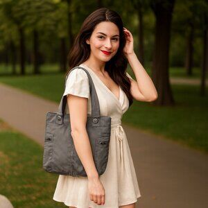 Kipling Marylou Tote Olive Green Khaki Zipper Pockets Silver Metal Urban Utility